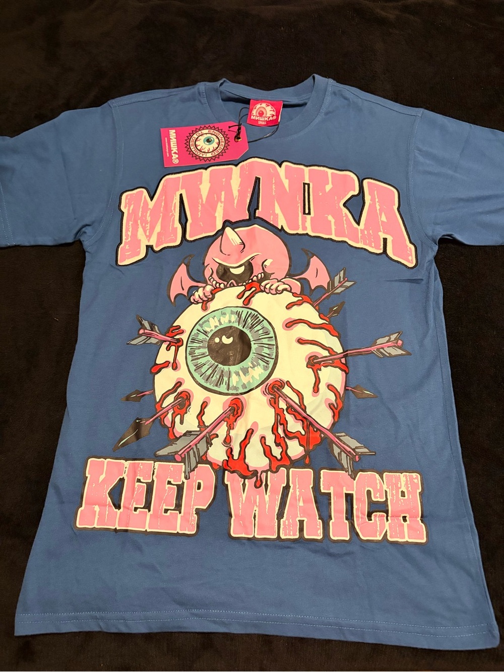 Mishka Blue T-Shirt with Pink Graphic "Keep Watch"